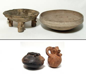 A group of Pre-Columbian ceramic vessels: A group of Pre-Columbian ceramic vessels. Lot includes a Pre-Classic zoomorphic jar with arms serving as handles, the face nicely modeled, H: 3 3/8 in (8.5 cm). The second is a cute squat jar human