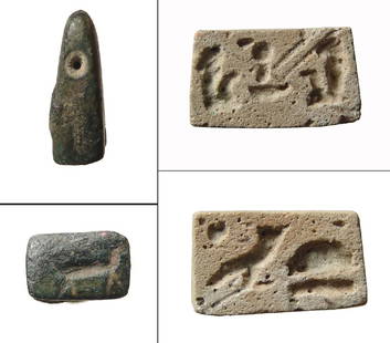 Egyptian faience plaque and Near Eastern bronze seal: An Egyptian faience plaque and Near Eastern bronze stamp seal. The Egyptian plaque, Late Period, c. 664 - 30 BC, featuring a pair of seated deities on one side and an owl and signs on the others, 19