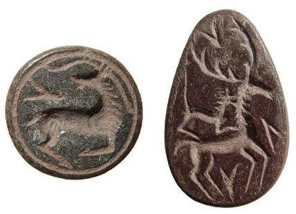 Attractive pair of modern stamp seals in ancient-style: An attractive pair of modern stamp seals in the style of ancient Southern Anatolia. Both of modern manufacture, the larger pear-shaped, the back in the shape of a rodent's head, the flat face
