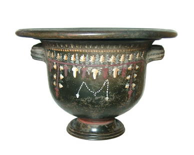 A fantastic large Gnathian-ware bell krater, Apulia: A fantastic large Gnathian-ware bell krater, Apulia, 4th Century BC, of solid construction with flared foot, two handles adorned with ridges and a widely flared mouth with two grooves inset from the