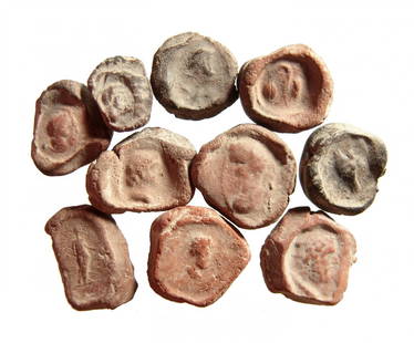 A group of 10 terracotta bullae, Roman: A group of 10 terracotta bullae, Roman, early - mid-3rd Century AD. An interesting group, all fired hard, probably from a fire in one of the eastern cities that was razed by the Sasanian king Shapur