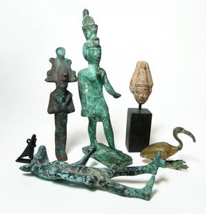 Mixed group of 6 Egyptian-style replica bronze objects: A nice mixed group of 6 Egyptian-style replica bronze objects. Lot includes a large bronze figure of a god, likely Anhur (Onuris), a large bronze of Anubis, a bronze figure of Osiris, and a bronze