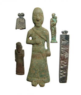 5 Near Eastern-style replica bronze and stone objects: A group of 5 nice Near Eastern-style replica bronze and stone objects. Lot includes a heavy bronze male votive figure in ancient Mesopotamian-style, a bronze votive depicting a woman holding a child