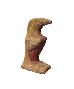 A cute Egyptian polychrome wood figure: A cute Egyptian polychrome wood figure, Late Period - Ptolemaic, c. 664 - 30 BC, the carved body in the form of a hawk or falcon, possibly with reptilian or serpentine head. Nice deep yellow, red and