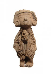 Choice Teotihuacan ceramic figure of mother with child: A choice Teotihuacan ceramic figure of a mother with child, Mexico, c. AD 400 - 600, wearing an elaborate costume with geometric decoration in relief and a headdress and large ear spools. She