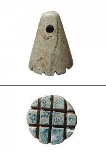 Choice Anatolian steatite truncated conical stamp seal: A choice Anatolian steatite truncated conical stamp seal, c. 1000 - 800 BC, with nicely polished surfaces and horizontal hole for suspension. On base, deep cut crossing parallel lines. 20 x 15 mm. A