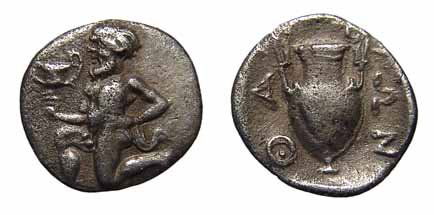 Thasos, c.411 – 350 BC. AR Trihemiobol. Satyr. VF: Islands off Thrace. Thasos, c.411 – 350 BC. AR Trihemiobol. Satyr kneeling lt., holding a kantharos. / ΘΑΣΙΩN, Amphora. BMC 53. VF.
