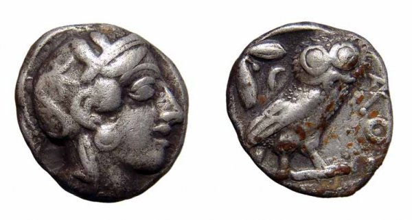 Attica. Athens, c. 454 - 415 BC. AR Tetradrachm.17.: Attica. Athens, c. 454 - 415 BC. AR Tetradrachm.17.62g. Helmeted head of Athena r. with frontal eye / owl standing r., olive spray and crescent moon behind, all in incuse square. Starr pl. 22-23. Fine