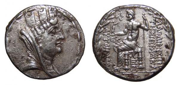 Syria, Laodicea, 57–56 BC. AR Tetradrachm. VF/aEF: Syria, Seleucia and Pieria. Laodicea ad Mare, 57–56 BC. AR Tetradrachm, Year 25 of the era. 15.03g. Veiled bust of Tyche rt., wearing mural crown, ear-pendant and necklace. / ΛAOΔIKE&Om