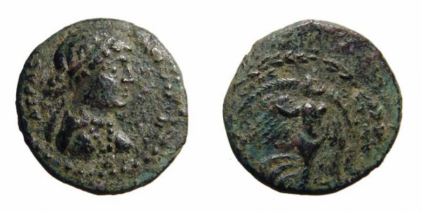 Syria, Chalkis, Cleopatra VII. AE19, 32-31 BC. VF: Syria, Coele-Syria. Chalkis, Cleopatra VII. 32 - 31 BC. Æ 19. Dated RY 21 (Egyptian) and 6 (Phoenician), 32-31 BC. 5.45g. BACIΛICCHC KΛEOΠATPAC, diademed and draped bust of Cleo
