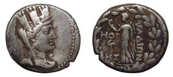 Phoenicia. Arados, 82/1 B.C. AR Tetradrachm, Year 1: Phoenicia. Arados, 82/1 B.C. AR Tetradrachm, Year 178. 14.79g. Turreted, veiled and draped bust of Tyche rt./ APAΔΙΩN, Nike standing lt., holding aphlastron, date HOP (S.E. 178) above