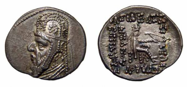Parthia. Mithradates II, AR Drachm, Rhagae. EF: Parthia. Mithradates II, 123 – 88 BC. AR Drachm, struck c.96-5 BC. Rhagae mint. 4.21g. Diademed bust lt., wearing tiara; neck torque ends in sea horse. / Arsakes I seated rt., holding bow. Sellwood 
