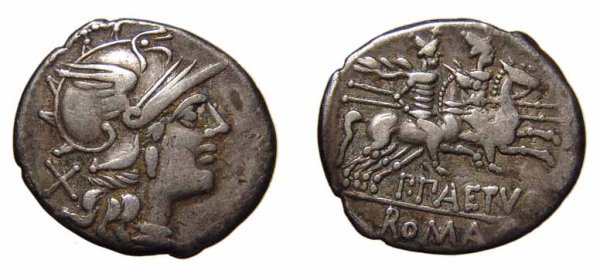 Roman Republic. P. Aelius Paetus, AR Denarius. VF: Roman Republic. P. Aelius Paetus, c.138 BC. AR Denarius. Rome. 3.79g. Helmeted head of Roma rt., X behind. / The Dioscuri riding rt., P. PAETVS below horses, ROMA in ex. RSC Aelia 3; Syd. 455. VF, nic