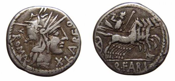 Roman Republic. Q. Fabius Labeo, AR Denarius. VF: Roman Republic. Q. Fabius Labeo, c. 124 BC. AR Denarius. Rome. 3.77g. Helmeted head of Roma rt., LABEO before, X under chin, ROMA behind. / Jupiter in a quadriga rt., prow below horses, Q. FABI in ex.