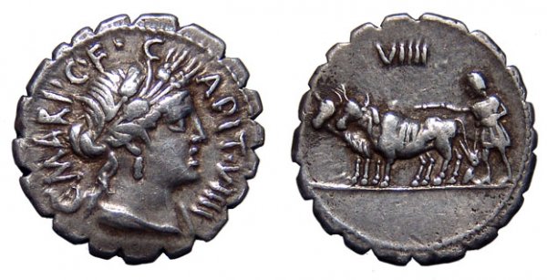 Roman Republic. Maria 7. AR Denarius. aVF: Roman Republic. C. Marius C.f. Capito, c.81 BC. AR Denarius. Rome. 3.88g. C. MARI. C.F. CAPIT. VIIII, draped bust of Ceres rt., wreathed with corn. / Husbandman ploughing lt., VIIII above. Maria 7; Sy