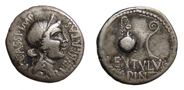 C. Cassius Longinus. Early 42 BC. AR Denarius: Imperatorial Rome. C. Cassius Longinus. Early 42 BC. AR Denarius. Military mint, probably at Smyrna. 3.54g. P. Cornelius Lentulus Spinther, legate. Diademed head of Libertas rt., wearing earring and p