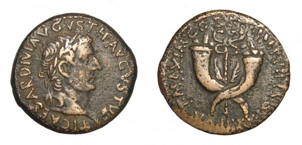 Roman Empire. Tiberius, AE-Dupondius. Commagene: Roman Empire. Tiberius, AD 14 – 37. Æ Dupondius, AD 19-21. Commagene, Syria. 14.53g. TO CAESAR DIVI AVGVSTI F AVGVSTVS, his laureate head rt. / PONT MAXIM COS III IMP VII TR POT XXI, caduceus 