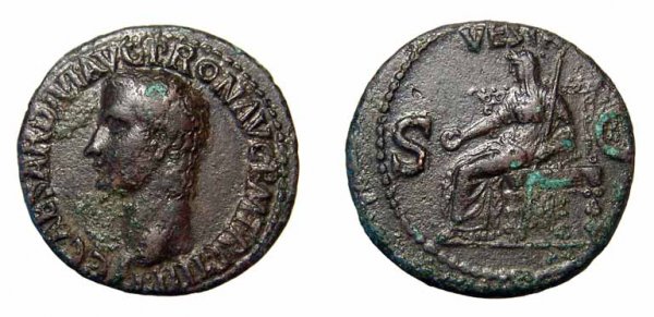 Roman Empire. Caligula, AD 37 – 41. Æ As, AD: Roman Empire. Caligula, AD 37 – 41. Æ As, AD 40-41. Rome. 11.12g. C CAESAR DIVI AVG PRON AVG M TR P IIII PP, his bare head lt. / VESTA, Vesta seated lt., holding a patera and sceptre, S-C in f