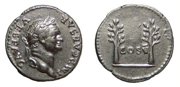 Roman Empire. Vespasian, AD 69 – 79. AR Denarius, : Roman Empire. Vespasian, AD 69 – 79. AR Denarius, AD 74. Rome. 3.28g. IMP CAESAR VESP AVG, his laureate head rt. / Two upright laurel trees, COS V across field. RIC 681(R). Nice VF, scarce type.