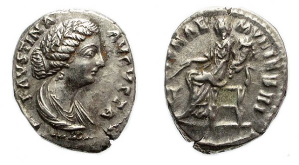 Faustina Jr., AR Denarius. FORTVNAE MVLIBRI. VF: Roman Empire. Faustina Jr., the wife of Marcus Aurelius. Augusta, AD 147 – 175/6. AR Denarius, AD 170-5. Rome. 3.11g. FAVSTINA AVGVSTA, her draped bust rt. / FORTVNAE MVLIBRI, Fortuna seated lt., ho