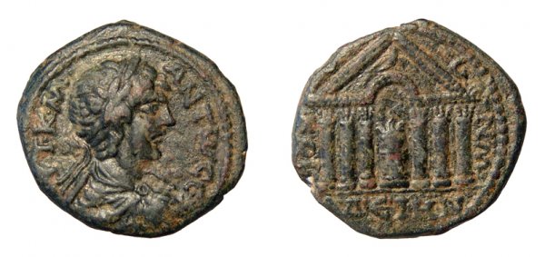 Caracalla, AE27, Dium, Syria. Temple. VF: Roman Empire. Caracalla, AD 198 - 217. Æ 27, Dated CY 270, AD 207 - 208. Dium, Syria: Decapolis. 15.85g. AVT KM ANTW CE, his laureate, draped and cuirassed bust rt. / ΔEIHN-WN KOI COC, tet