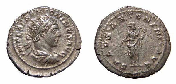 Elagabalus, AR Antoninianus. AD 218-9. Salus. VF: Roman Empire. Elagabalus, AD 218 – 222. AR Antoninianus, AD 218-219. Rome. 5.71g. IMP CAES ANTONINVS AVG, his radiate, draped and cuirassed bust rt. / SALVS ANTONINI AVG, Salus standing rt., feeding