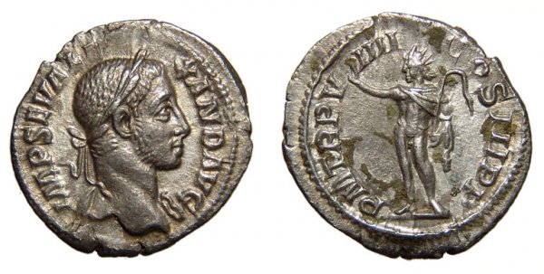 Severus Alexander, AR Denarius, AD 230. Sol. VF: Roman Empire. Severus Alexander, AD 222 – 235. AR Denarius, AD 230. Rome. 2.42g. IMP SEV ALEXAND AVG, his laureate head rt. / PM TR P VIIII COS III PP, Sol standing lt., raising hand and holding a w