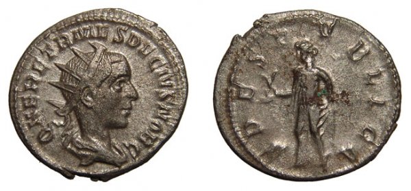 Herennius Etruscus, AR Antoninianus. Spes. VF: Roman Empire. Herennius Etruscus, as Caesar. AD 250 – 251. AR Antoninianus. Rome. 3.72g. Q HER ETR MES DECIVS NOB C, his radiate and draped bust rt. / SPES PVBLICA, Spes advancing lt., holding a flo