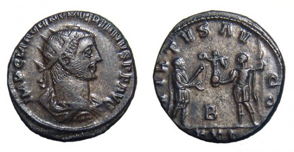 Numerian, AD 283 – 284. Antoninianus. Antioch. VF: Roman Empire. Numerian, AD 283 – 284. Antoninianus. Antioch, Syria. 4.43g. IMP C M AVR NVMERIANVS PF AVG, his radiate, draped and cuirassed bust rt. / VIRTVS AVGG, Numerian standing rt., receiving a