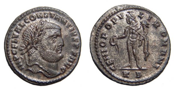 Constantius I, AE-Follis, Kyzicus. Genius. EF: Roman Empire. Constantius I, AD 305 – 306. Æ Follis. Kyzicus. 2nd Officina. 9.57g. IMP C FL VAL CONSTANTIVS PF AVG, his laureate head rt. / GENIO POPVLI ROMANI, Genius standing lt., holding a 