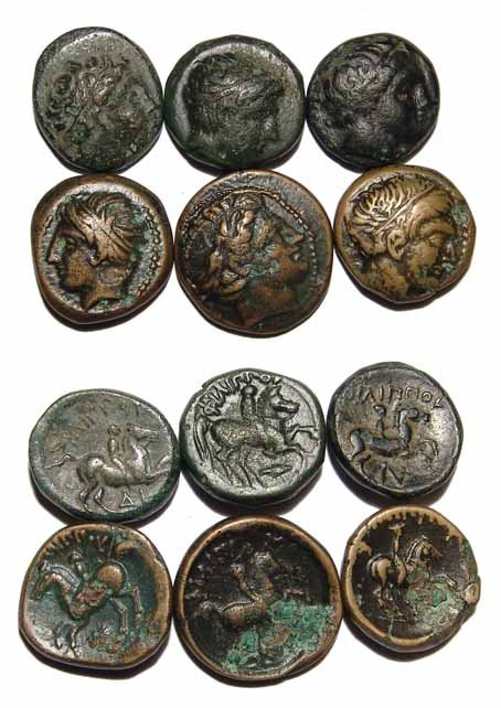 Greek coin lot. Lot of 6 AE's of Philip II of Mace: Greek coin lot. Lot of 6 AE's of Philip II of Macedon. Fine – VF, some pitting.