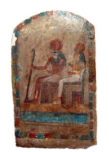 Egyptian polychrome relief, Horus with goddess: A lovely limestone polychrome relief, Late Period, c.664 - 343 BC, depicting Horus seated with a goddess, perhaps Isis, behind. They sit on decorated thrones and the entire scene is framed by an alter