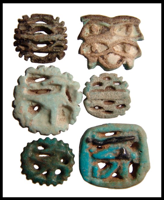 Lot of 6 Wedjat of 'Eye of Horus' amulets: A lot of 6 Wedjat of 'Eye of Horus' amulets, Late Period, c.664 - 30 BC. Three examples are multiple eyes and a few with attractive color. All are intact! Length from 13mm to 22mm. Ex Negus Collection