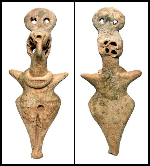 North Syria, late Bronze age 'fertility' figure: A late Bronze age 'fertility' figure, North Syria, c.1900 -1700 BC, wearing a broad collar and with exaggerated hips. Several piercing throughout, most likely for additions of jewelry. H: 3 ¾" (9.5 c