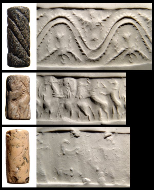 Lot of 3 cylinder seals. Syria, Akkadian, Achae: Lot of 3 cylinder seals. 1). Syria, 2nd millenium BC. Black serpentine seal depicting avian figures above and below stylized mountains. L: 1 ¼" (3.2 cm); 2). Akkadian, c.2600 - 2500 BC, crème marble