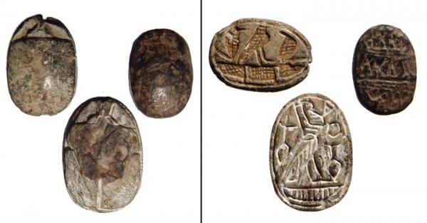 2nd Intermediate Egypt. Lot of 3 steatite scarabs: Lot of 3 steatite scarabs from the 2nd Intermediate period, c.1750 - 1570 BC. The first with a nicely cut falcon flanked by uraei (cobras), all standing on the back of a crocodile. 19 x 14mm. The seco