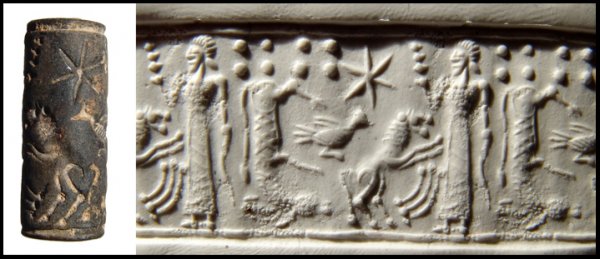Syrian cylinder seal with beautifully cut figures: A Syrian grey steatite cylinder seal with beautifully cut figures, c.2nd Millennium BC. A vivid scene involving a standing male figure holding an ornate staff and a sword facing a rampant lion. Behind