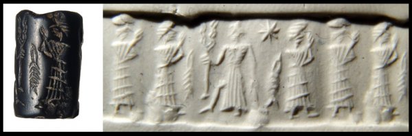 Magnetite Old Babylonian cylinder seal: A magnetite Old Babylonian cylinder seal, c. 1900 - 1750 BC, with a god standing holding a lighting staff, three supplicants before him, star and fish in the field. Couple minor edge chips. L: 14mm. E
