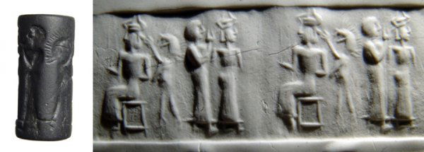 Nice goethite Old Babylonian cylinder seal: A nice goethite Old Babylonian cylinder seal, c.1900 - 1750 BC, depicting a seated god with a dragon-headed figure standing behind extending his hand toward to god. Before, another god standing with a