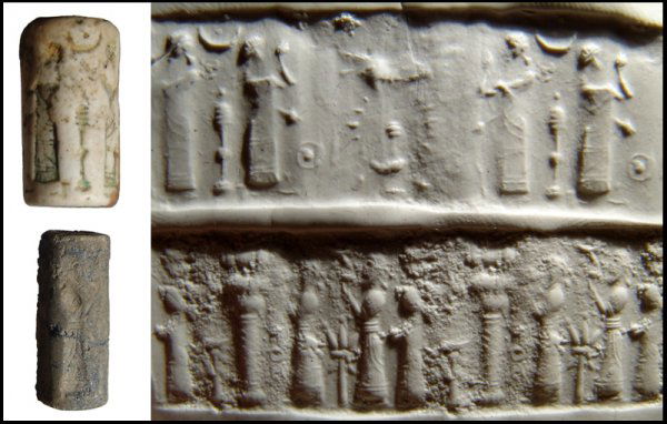 Lot of two cylinder seals. Old Babylonian, Syrian: A lot of two cylinder seals. The first is a crème marble Old Babylonian seal, c. 1900 - 1750 BC. Some restoration. L: 24mm. The second is a Syrian lapis seal of Late Old Babylonian style, c.1800 - 17