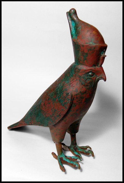 Choice "Grand Tour" bronze Horus falcon: A choice Grand Tour" bronze Horus falcon, late 19th - early 20th Century, wearing double crown of Upper and Lower Egypt. Details nicely incised into the wings with strong facial details and a beautifu