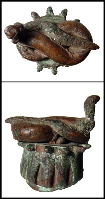 Ancient Egypt. Nice bronze headdress with cobras: Ancient Egypt. A marvelous bronze headdress, Saite, c.664-525 BC, with large coiled cobra on top of a column terminal flanked by 12 uraei, or erect cobras. Extremely well detailed with nicely incised 