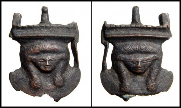 Egyptian bronze sistrum base engraved with Hathor: Ancient Egypt. The base of a bronze sistrum with two fine images of the goddess Hathor, 3rd Intermediate Period, 1070-747 BC. Originally cast with incised detail, Hathor is represented on both sides i