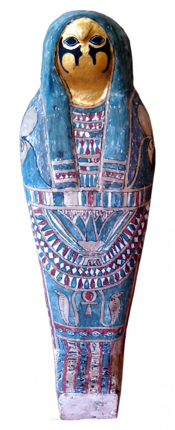 Ancient Egyptian falcon mummy with gilt coffin: Ancient Egyptian falcon mummy with gilt wood coffin / sarcophagus . Late period, Dynasty XXV-XXX, 664-343 BC. The well-sculpted wood case falcon-headed, the face gilt (some professional conservation i