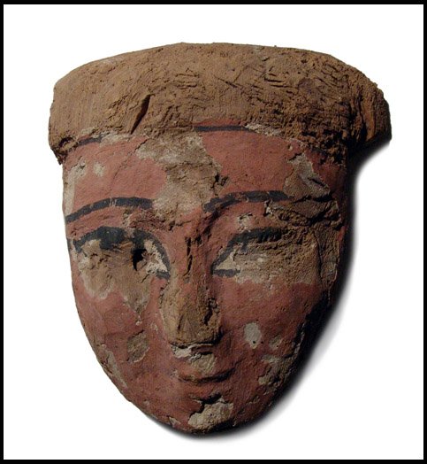 Large Ancient Egyptian wooden "mummy mask": Ancient Egypt. A large wooden "mummy mask", Late Period, c. 664 - 343 BC, with much remaining pigmentation. Originally the facial portion of a sarcophagus lid, with part of the headdress remaining abo