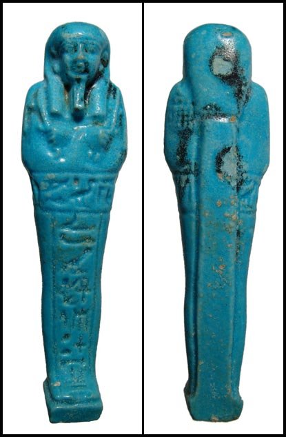 Bright turquoise faience ushabti of Hor-Ankh: Ancient Egypt. A bright turquoise faience ushabti of Hor-Ankh, Saite, c.664 - 525 BC. Nicely modeled with plain wig with lappets and holding pick and hoe, seed bag over left shoulder. T-style inscript
