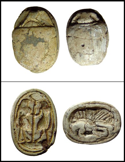Attractive pair of 2nd Intermediate scarabs: Ancient Egypt. An attractive pair of 2nd Intermediate scarabs, c. 1750 - 1570 BC. The first with a pair of kilted gods flanking a banner or staff. 21 x 15mm. The second piece with a reclining crocodil