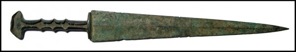 Handsome cast bronze dirk, Western Iran: A handsome cast bronze dirk, Western Iran, late 2nd - early 1st Millenium BC, with hilt cast on to the blade. The handle is flanged to take inlays, which are now lost and the pommel is crescent shaped