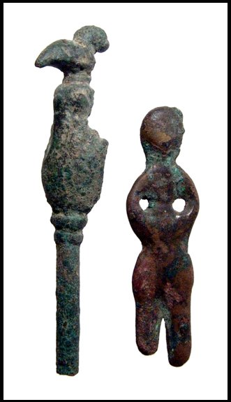 Bronze votive figure from Central Asia: An interesting bronze votive figure from Central Asia, late 3rd - early 2nd Millenium BC, h: 2". Intact with a nice brown patina. Also included, a Roman bronze hairpin finial in the form of a human ha
