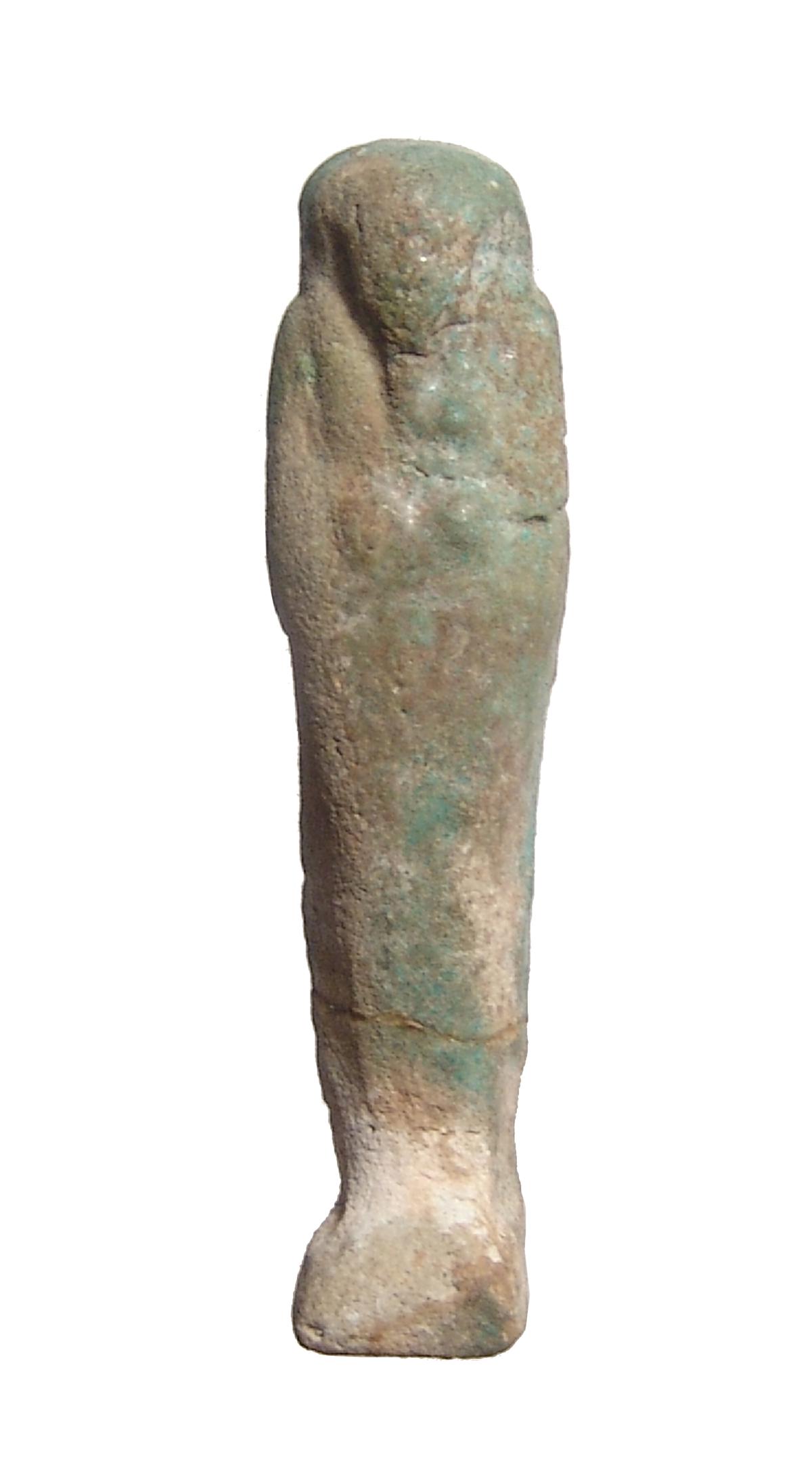 A cute little Egyptian faience ushabti: A cute little Egyptian faience ushabti, Late Period - Ptolemaic, c. 664 - 30 BC, mummiform, wearing tripartite wig, arms folded at chest. Frontally molded with flattened back, nicely preserved turquoi